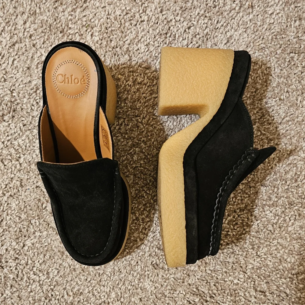Chloé Black Suede Mules with Cream Crepe Platform - Picture 4 of 12